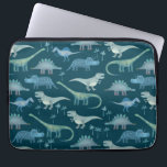 Cute Dinosaurs Dark Green Pattern Laptop Sleeve<br><div class="desc">Lots of whimsical blue dinosaurs,  Tyrannosaurus rex,  Spinosaurus,  Stegosaurus,  Diplodocus and Triceratops. Eek!</div>