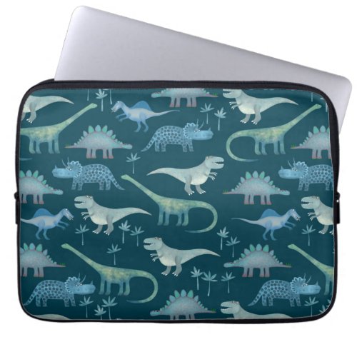 Cute Dinosaurs Dark Green Pattern Laptop Sleeve