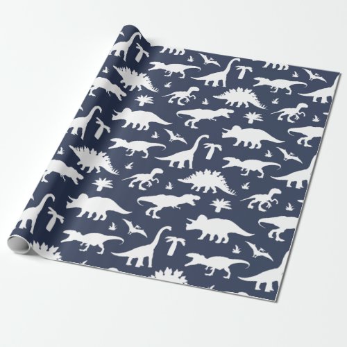 Cute Dinosaurs Dinos Pattern in Blue and White Wrapping Paper