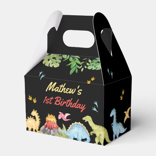 Cute Dinosaurs First Birthday Party Favor Boxes (Front Side)