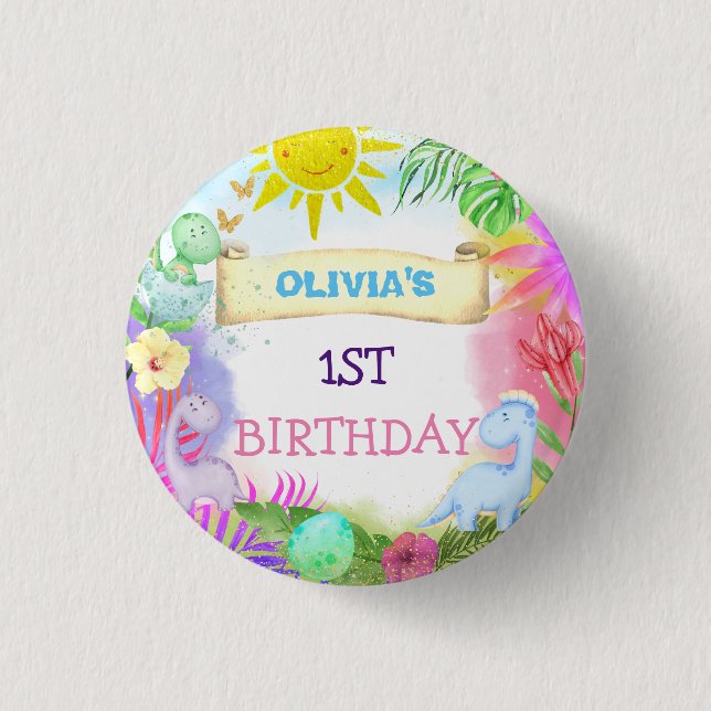 Cute Dinosaurs Floral Glitter Baby Girl Birthday  Button (Front)