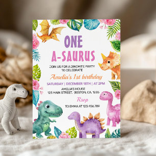 Cute Dinosaurs Girl 1st Birthday Invitation