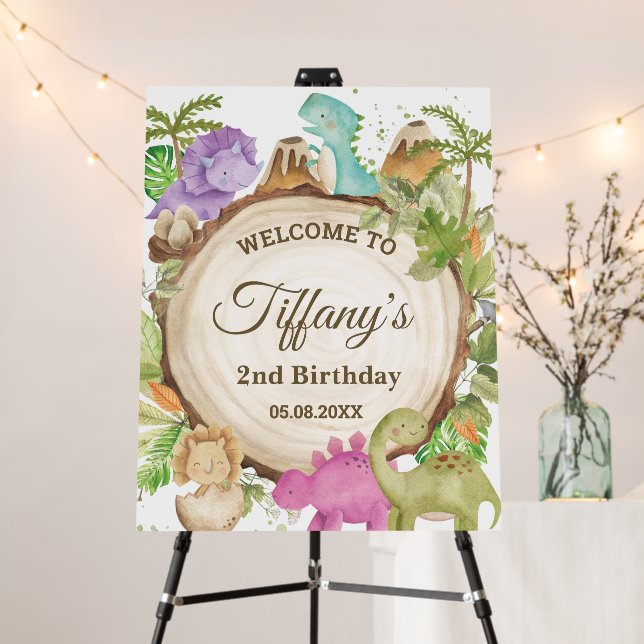 Cute Dinosaurs Girl Birthday Baby Shower Welcome Foam Board (In Situ (Stand))