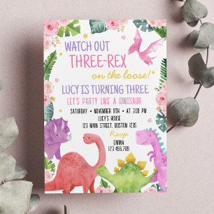 Cute Dinosaurs Girl Birthday Invitation