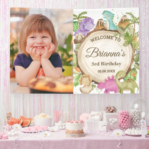 Cute Dinosaurs Girl Birthday Welcome Backdrop Banner