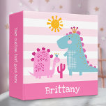 Cute Dinosaurs Girl Pink Stripes Bold Kawaii Name 3 Ring Binder<br><div class="desc">binder. A sweet, playful visual of a cute, bold, kawaii, brontosaurus and t-rex scene and personalized, handwritten typography overlay soft pink and white stripes the front. A bold, cool crown icon overlays soft pink and white stripes on the back. Personalize with your name on the front and the text of...</div>