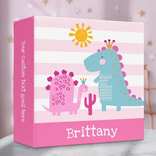 Cute Dinosaurs Girl Pink Stripes Bold Kawaii Name 3 Ring Binder