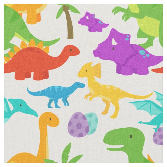 Cute Dinosaurs Green Purple Prehistoric Fabric (Close Up)