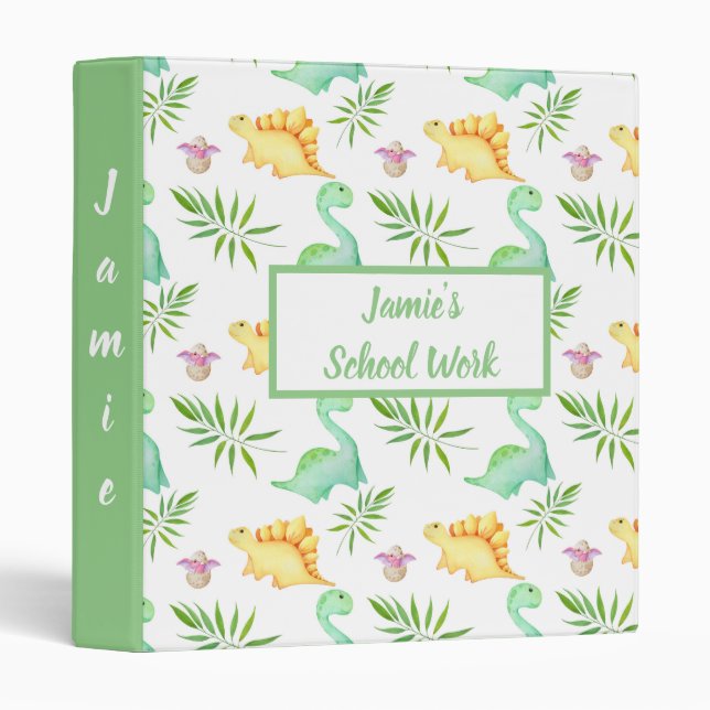 Cute Dinosaurs. Green & Yellow. 3 Ring Binder (Front/Spine)