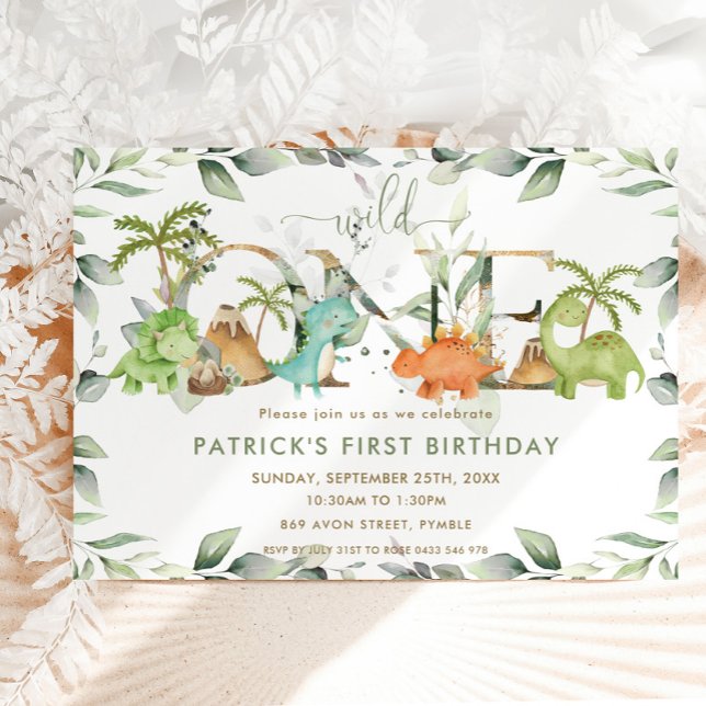 Cute Dinosaurs Greenery 1st Birthday Wild One Invitation (Creator Uploaded)