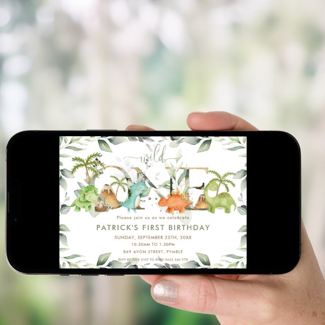 Cute Dinosaurs Greenery 1st Birthday Wild One Invitation (Front Digital)