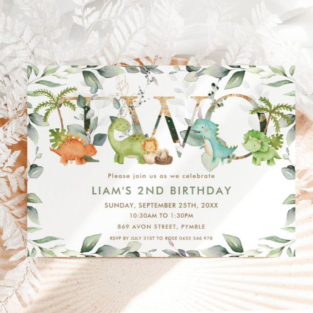Cute Dinosaurs Greenery 2nd Birthday Two Invitation (Creator Uploaded)