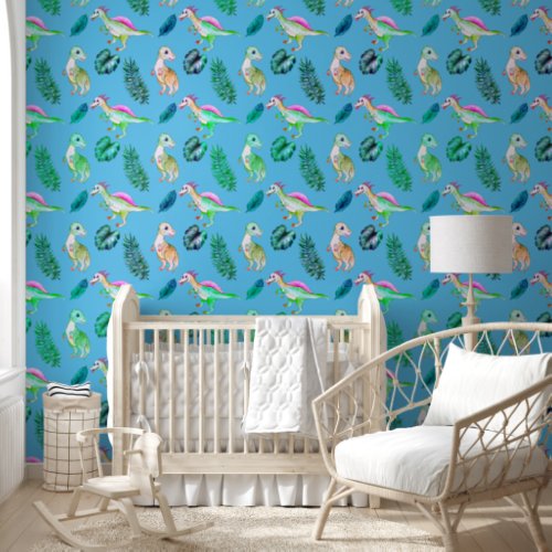 Cute Dinosaurs  Greenery Blue Nursery Wallpaper