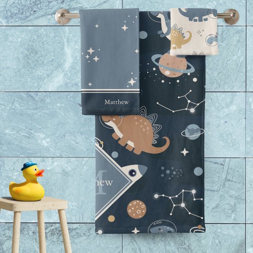 Cute Dinosaurs in Space Pattern Kids Bathroom Bath Bath Towel Set