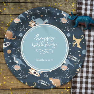 Cute Dinosaurs in Space Pattern Kids Birthday Paper Plates