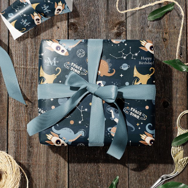 Cute Dinosaurs in Space Pattern Kids Birthday Wrapping Paper (Creator Uploaded)