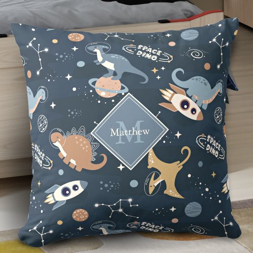 Cute Dinosaurs in Space Pattern Kids Throw Pillow
