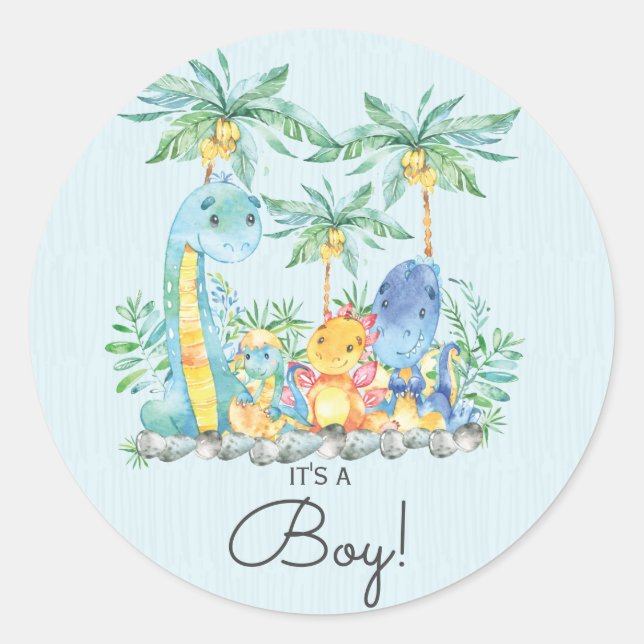 Cute Dinosaurs It' a Boy Favor Sticker (Front)