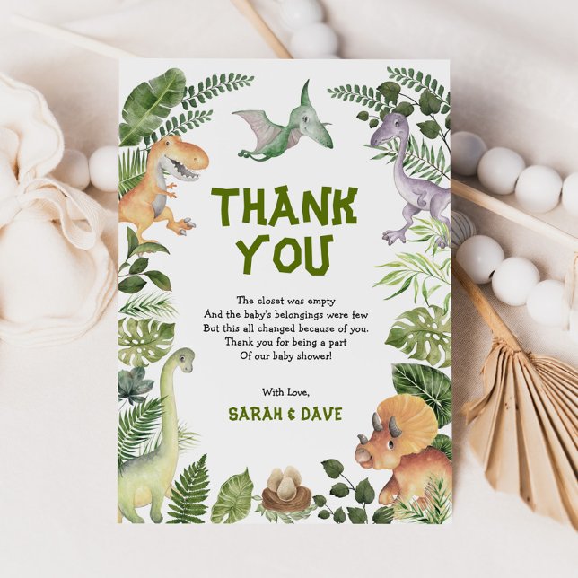 Cute Dinosaurs Jungle Greenery Wild Baby Shower Thank You Card (Creator Uploaded)