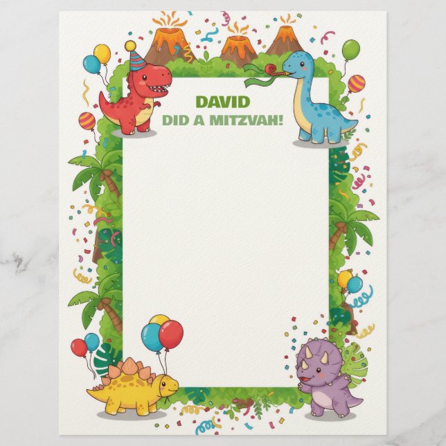 Cute Dinosaurs Kids Customized Mitzvah Notes Letterhead (Front)
