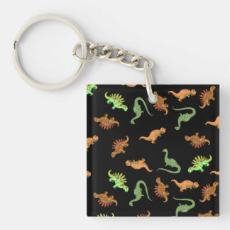 Cute Dinosaurs on Black Background Keychain