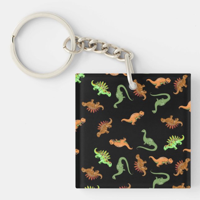 Cute Dinosaurs on Black Background Keychain (Front)