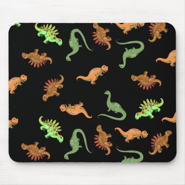 Cute Dinosaurs on Black Background Mouse Pad (Front)