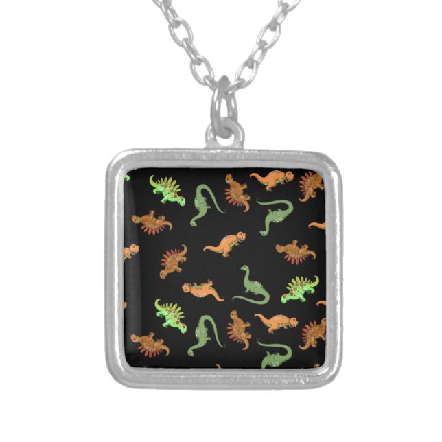 Cute Dinosaurs on Black Background Silver Plated Necklace (Front)