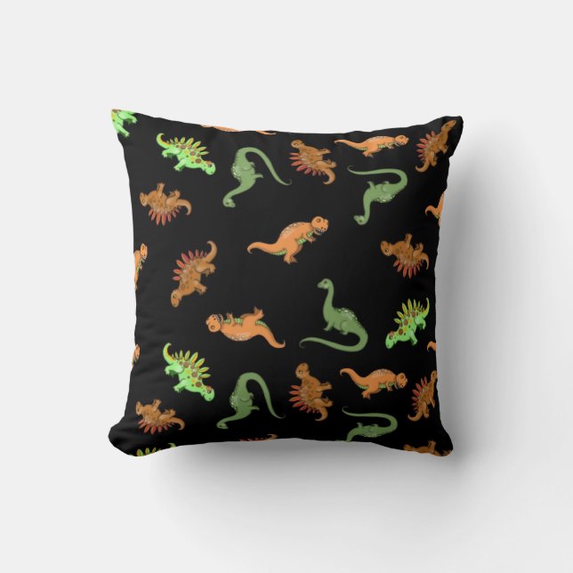 Cute Dinosaurs on Black Background Throw Pillow (Front)