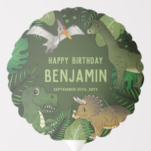 Cute Dinosaurs On Green Plants Happy Birthday Balloon