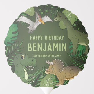 Cute Dinosaurs On Green Plants Happy Birthday Balloon