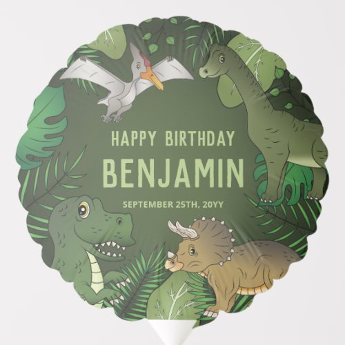 Cute Dinosaurs On Green Plants Happy Birthday Balloon
