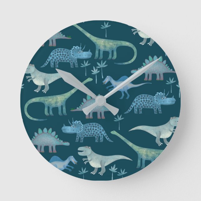 Cute Dinosaurs on Green Round Clock (Front)