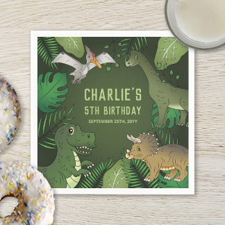 Cute Dinosaurs On Green With Leaves Birthday Party Napkins