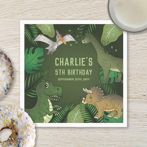 Cute Dinosaurs On Green With Leaves Birthday Party Napkins