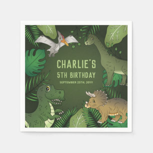 Cute Dinosaurs On Green With Leaves Birthday Party Napkins