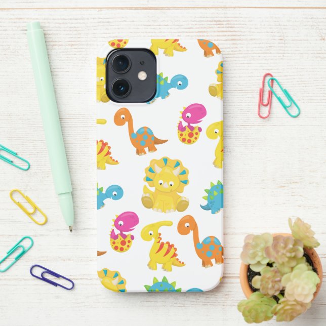 Cute Dinosaurs, Pattern Of Dinosaurs, Baby Dino iPhone Case (On Desk)