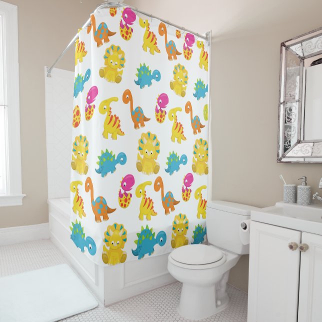Cute Dinosaurs, Pattern Of Dinosaurs, Baby Dino Shower Curtain (In Situ)