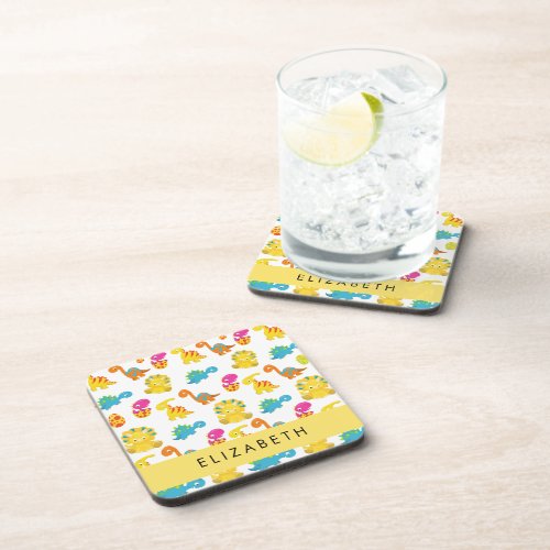 Cute Dinosaurs Pattern Of Dinosaurs Your Name Beverage Coaster