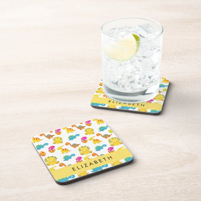 Cute Dinosaurs, Pattern Of Dinosaurs, Your Name Beverage Coaster (Right Side)