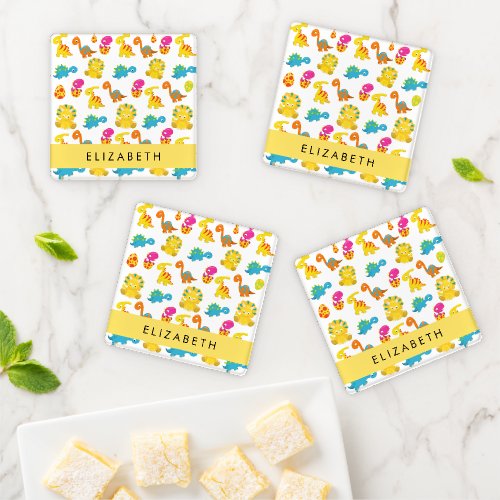 Cute Dinosaurs Pattern Of Dinosaurs Your Name Coaster Set