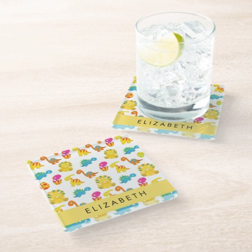 Cute Dinosaurs Pattern Of Dinosaurs Your Name Glass Coaster