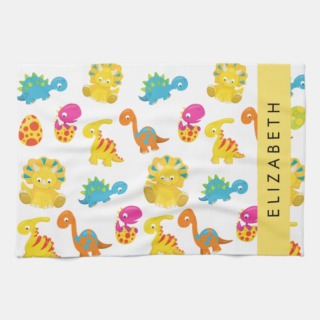 Cute Dinosaurs, Pattern Of Dinosaurs, Your Name Kitchen Towel (Horizontal)