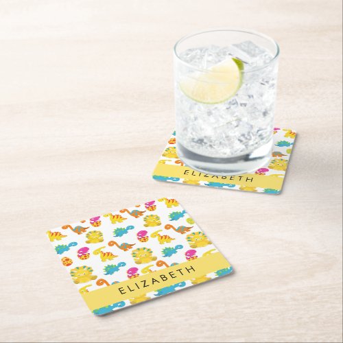 Cute Dinosaurs Pattern Of Dinosaurs Your Name Square Paper Coaster