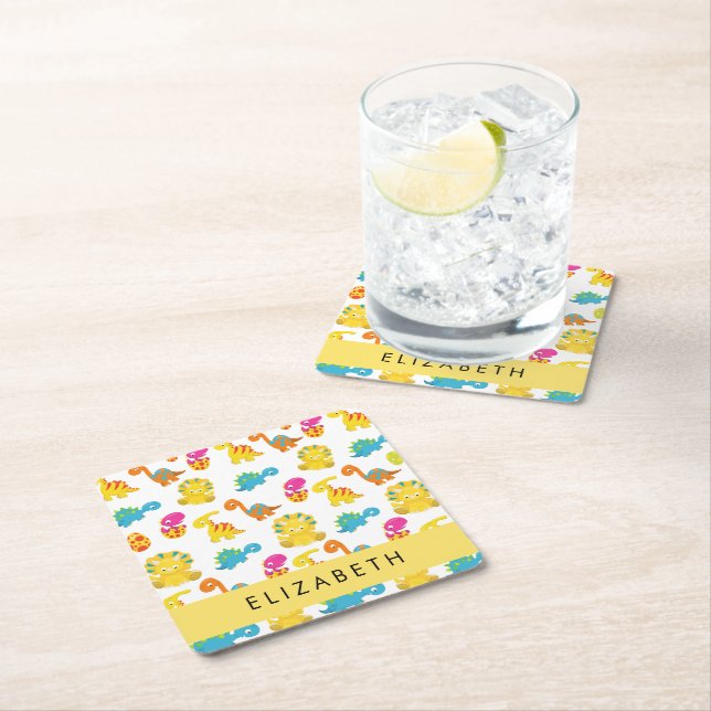 Cute Dinosaurs, Pattern Of Dinosaurs, Your Name Square Paper Coaster (Insitu)
