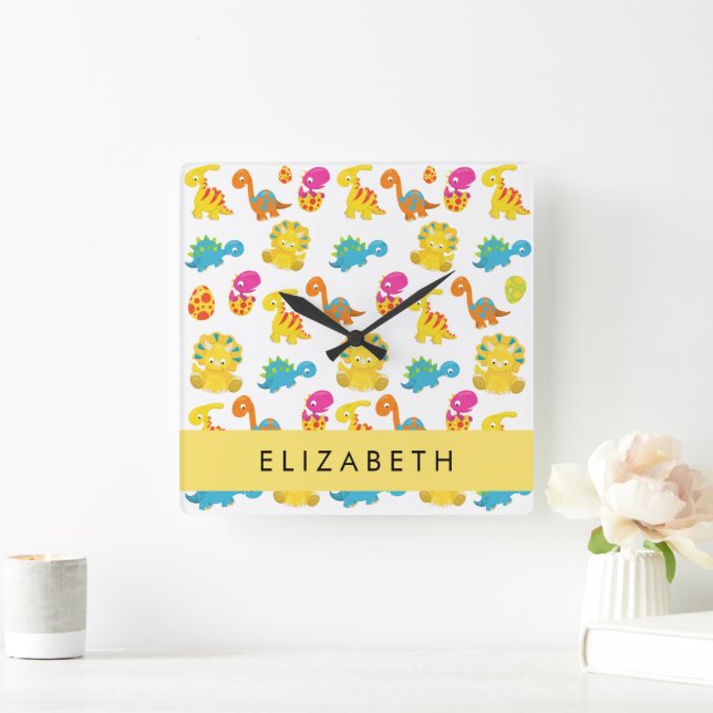 Cute Dinosaurs, Pattern Of Dinosaurs, Your Name Square Wall Clock (Home)