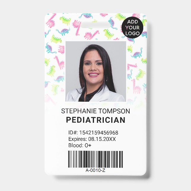 Cute dinosaurs pediatrician photo logo code badge (Front)