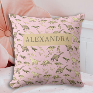 Cute Dinosaurs Personalized Girls Pink Throw Pillow
