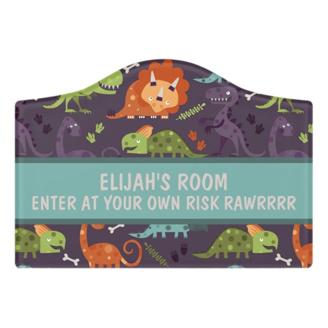 Cute Dinosaurs Personalized Personalized Boys Room Door Sign (Small Crest Front)