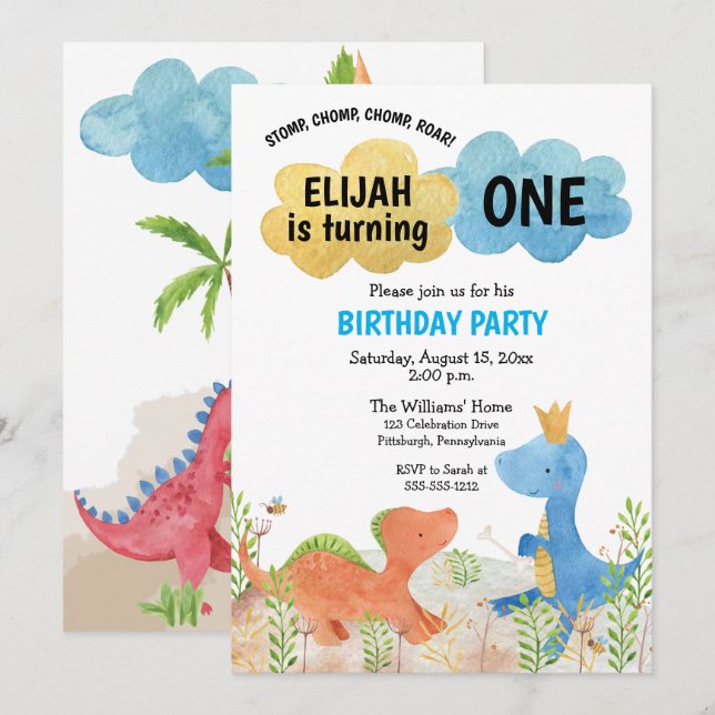 Cute Dinosaurs Playing Boy 1st Birthday Invitation (Front/Back)